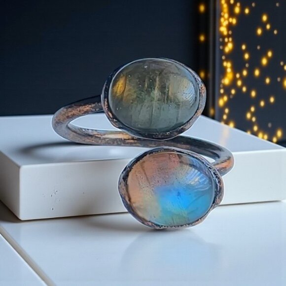 🆕 Boho Vintage Labradorite Ring Adjustable Open Wrap Handmade Copper Finish - Picture 9 of 13